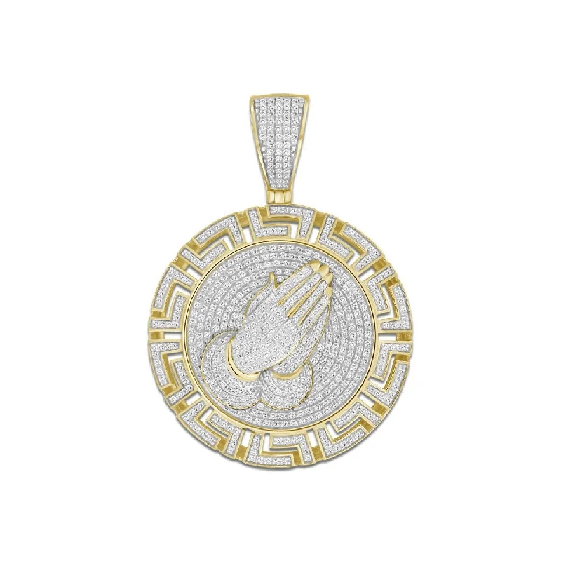 10KT Yellow Gold 1-1/5 CTW Diamond 49X34MM Praying Hand Medal Charm. Chain not Included