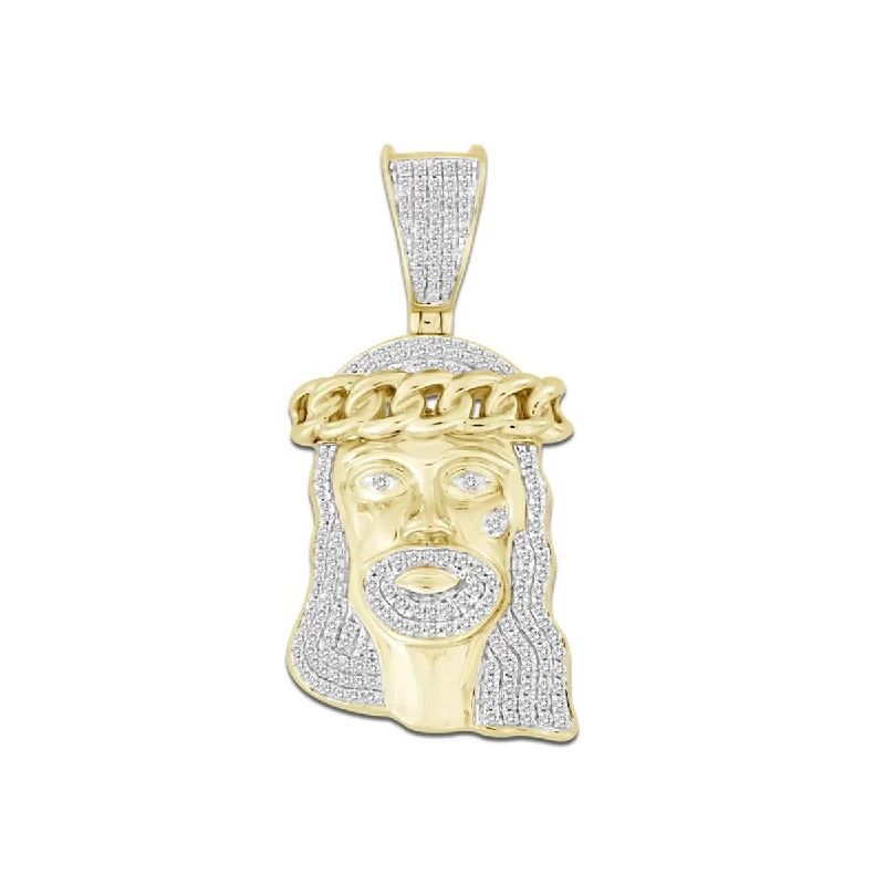 10KT Yellow Gold 1/2 CTW Diamond 37X17MM Jesus Christ Head Charm. Chain not Included