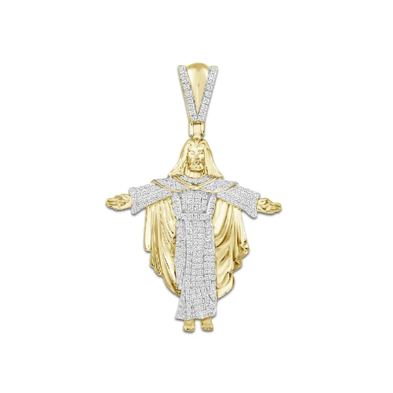 10KT Yellow Gold 1/2 CTW Diamond 43X27MM Jesus Christ Open Arms Charm. Chain not Included