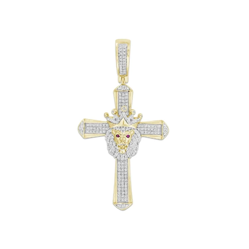 10KT Yellow Gold 1/2 CTW Diamond 56X30MM Cross Crown Lion Charm. Chain not Included