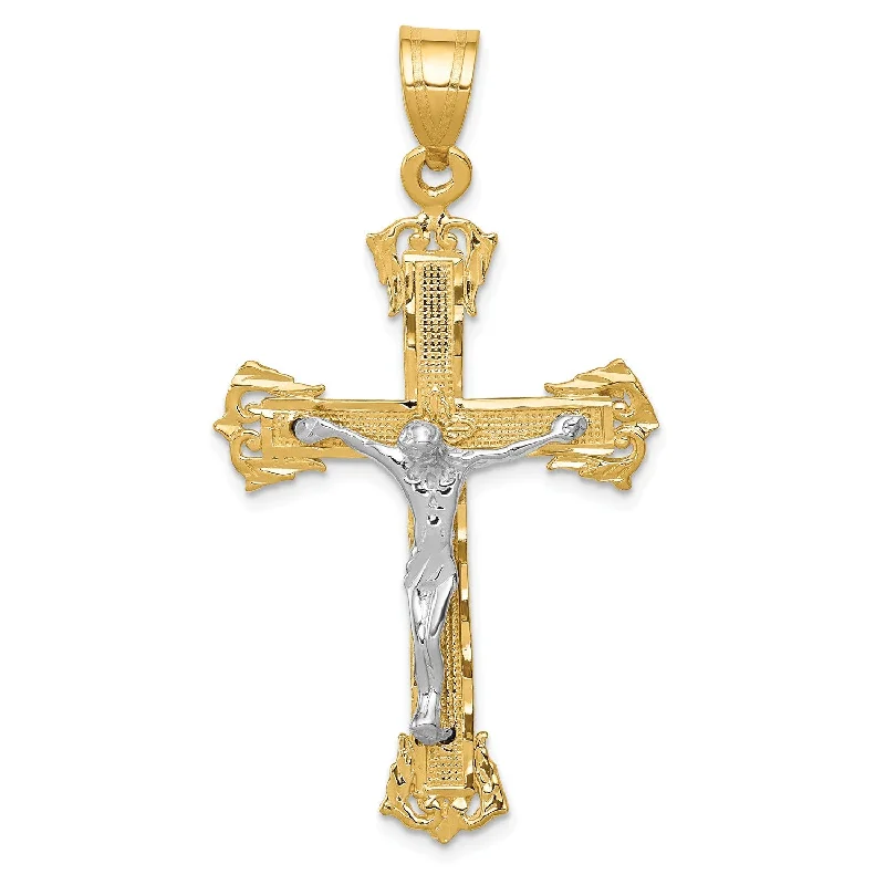 14KT White and Yellow Gold 50X28MM Crucifix Cross Pendant. Chain Not Included