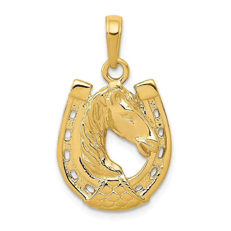 14KT Yellow Gold 20X10MM Horse Head in Horseshoe Pendant. Chain Not Included