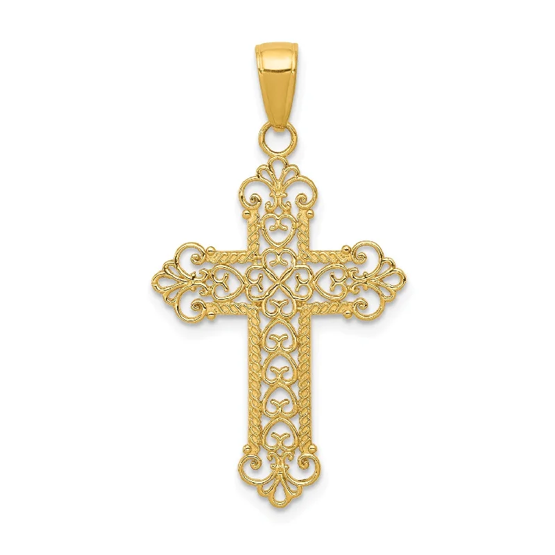 14KT Yellow Gold 36X19MM Fleur De Lis Cross Pendant. Chain Not Included