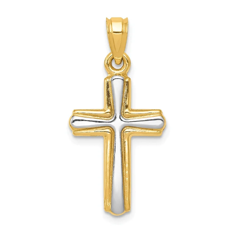 14KT Yellow Gold With Rhodium Plating 26X13MM Three Dimensional Cross Pendant. Chain Not Included