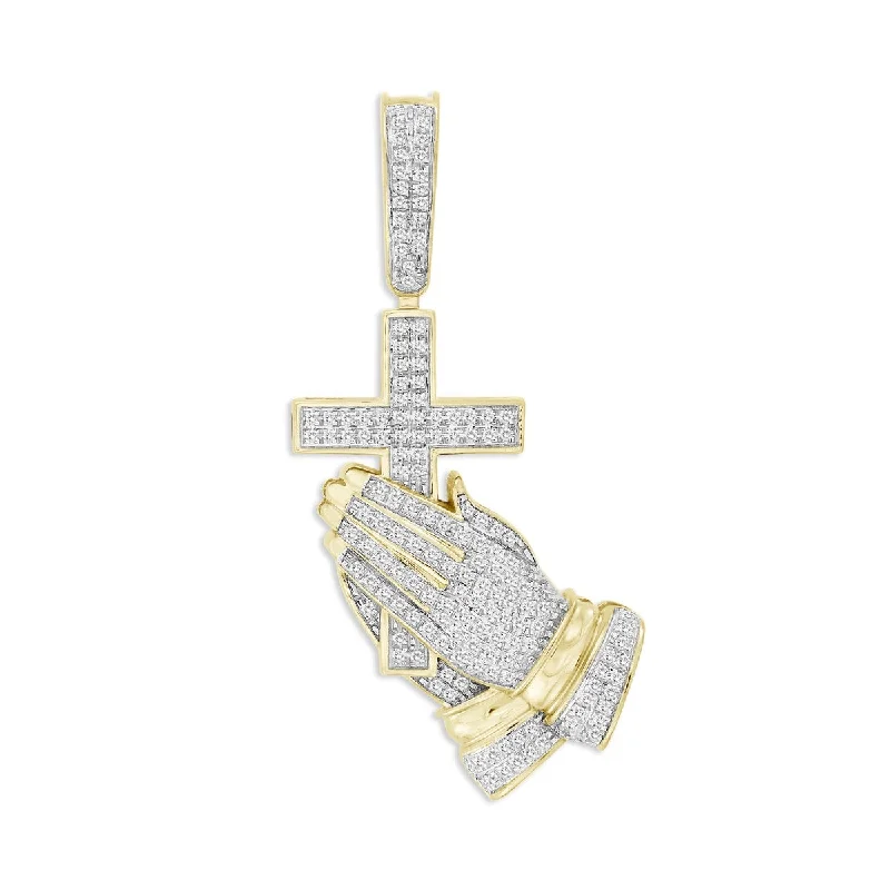 Titán by Adrian Gonzalez 10KT Yellow Gold 1/3 CTW Diamond 43X22MM Praying Hands Pendant. Chain Not Included