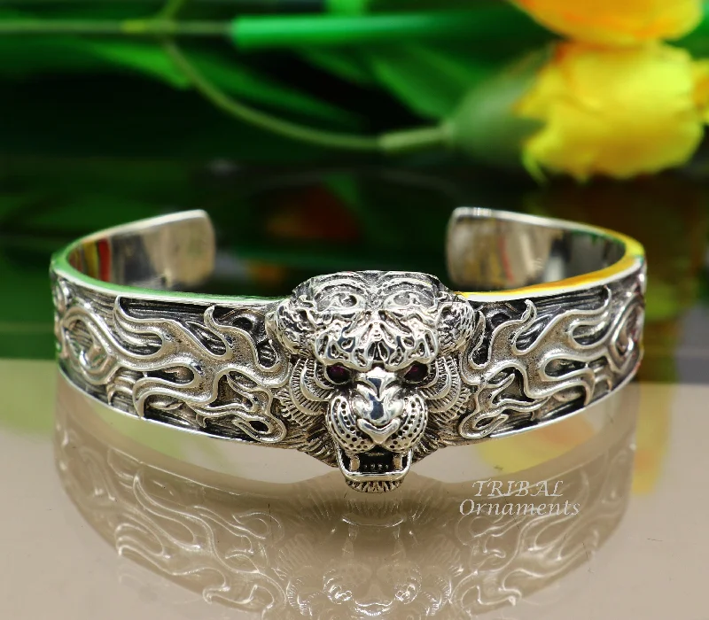 925 Sterling silver handmade excellent lion face solid cuff kada bracelet, amazing bracelet vintage style men's jewelry cuff106