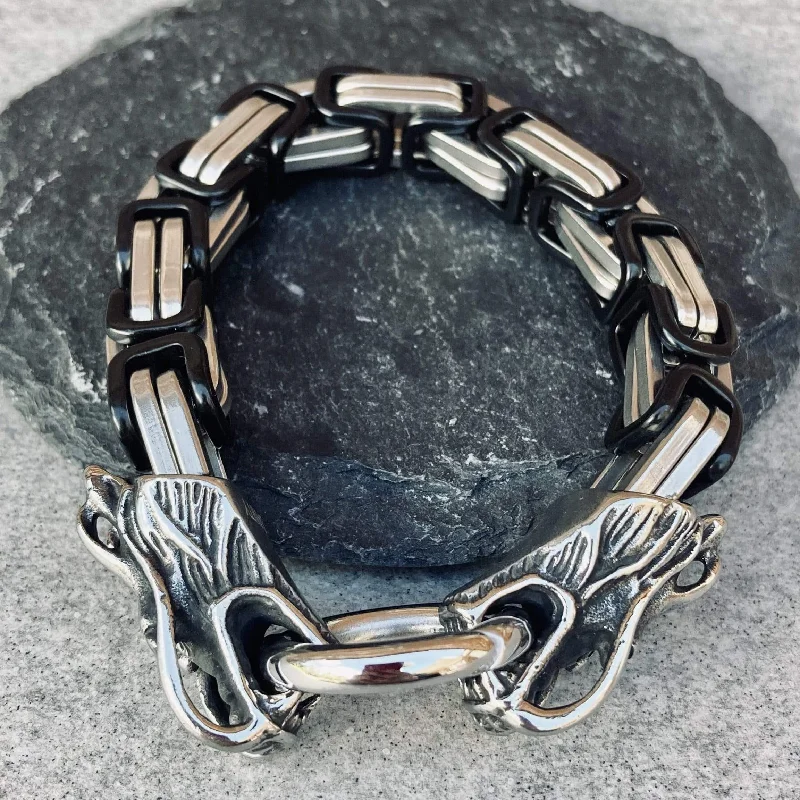 2 Dragon Head Bracelet - Silver & Black - Heritage - B82 CLEARANCE