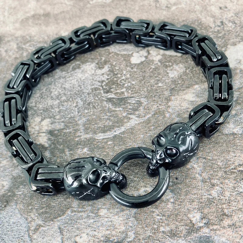 2 Skull Bracelet - Black - Deluxe - B91 CLEARANCE