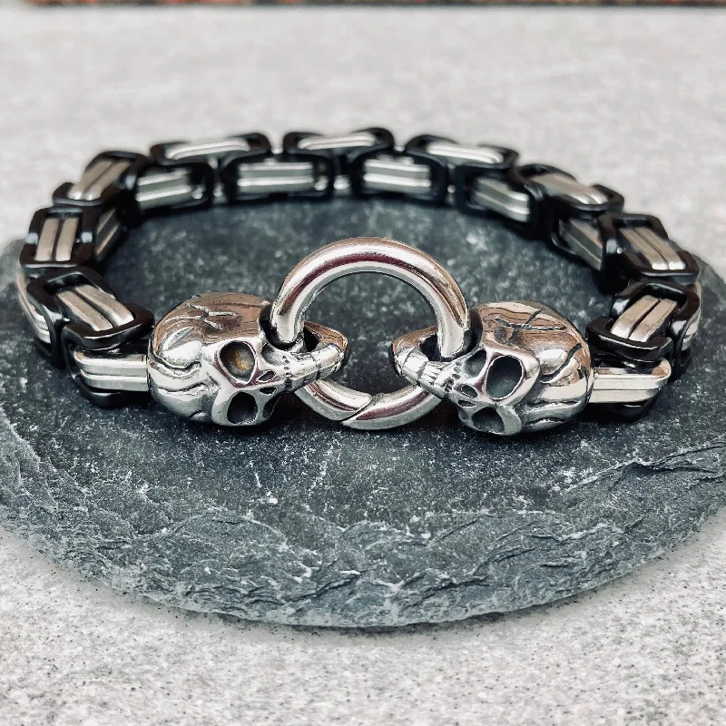 2 Skull Bracelet - Silver & Black - Deluxe - B93 CLEARANCE