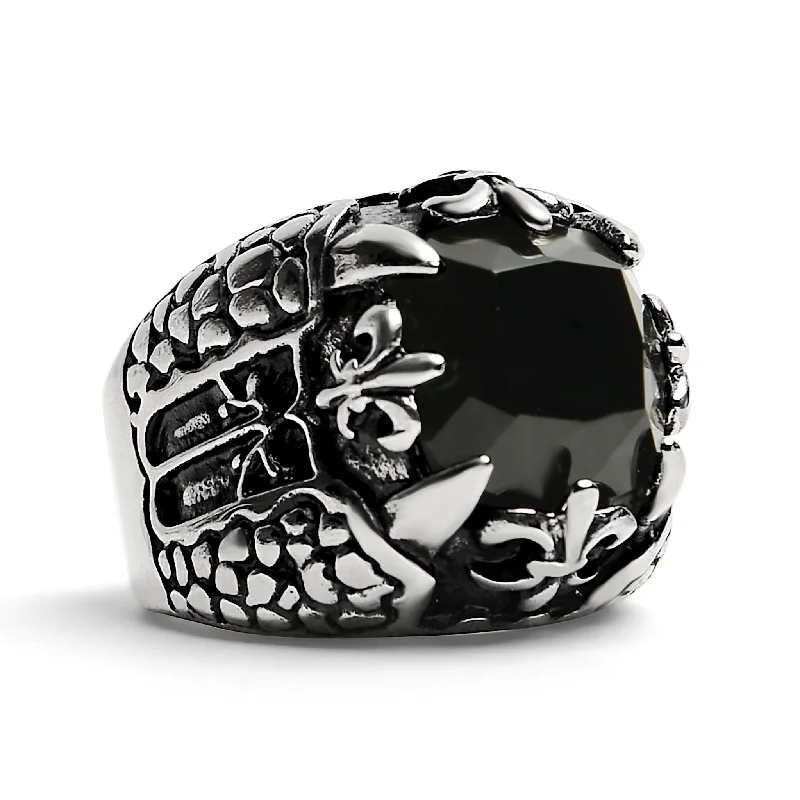 Detailed Black CZ Fleur De Lis Stone Stainless Steel Ring / SCR4021