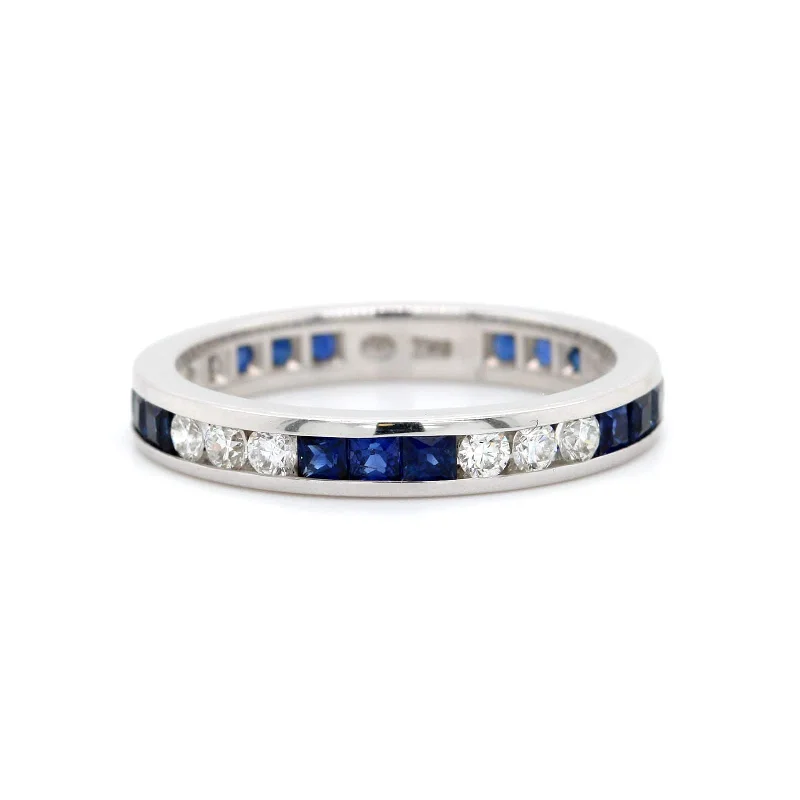 18K White Gold Channel Set Alternating Sapphire & Diamond Eternity Band