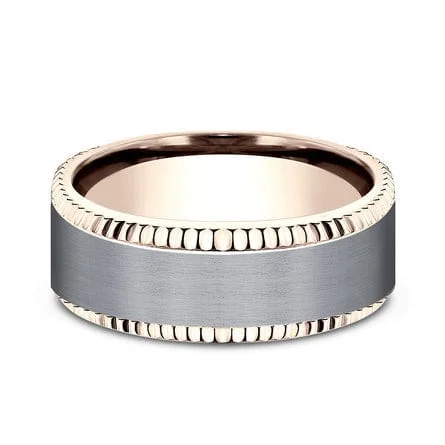 Grey Tantalum Center 14K Rose Gold Coin Edge Band