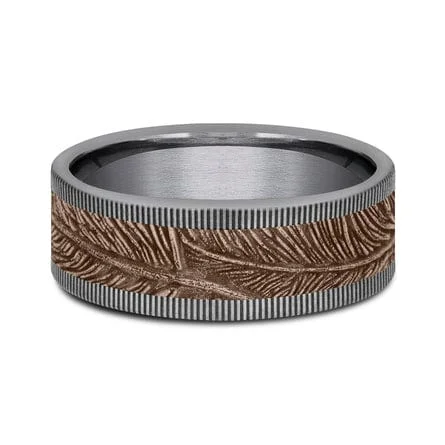 14K Rose Gold Feather Design Center Grey Tantalum Edge Band