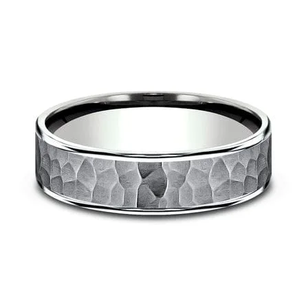 Grey Tantalum Hammered Center 14K White Gold Edge Band