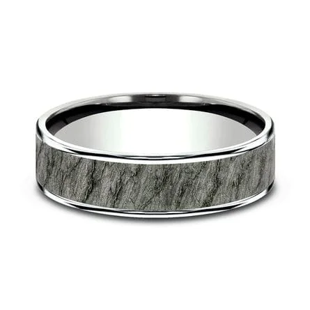 Grey Tantalum Lava Rock Center 14K White Gold Edge Band