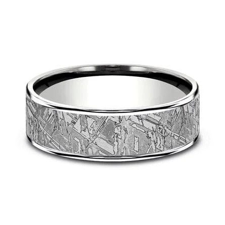 Grey Tantalum Faux Meteorite Center 14K White Gold Edge Band