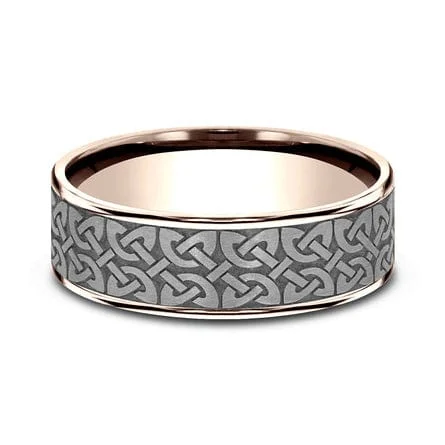 Grey Tantalum Quaternary Knot Center 14K Rose Gold Edge Band