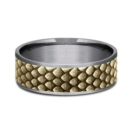 14K Yellow Gold Dragon Scale Center Grey Tantalum Edge Band