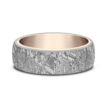 Grey Tantalum Faux Meteorite Design 14K Rose Gold Interior Band