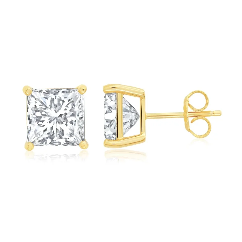 Crislu 18KT Yellow Gold Plated Sterling Silver Princess Cut Cubic Zirconia Stud Earrings