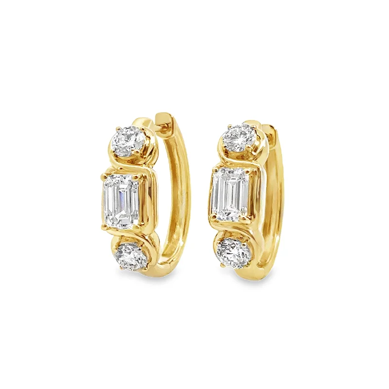 Lab Grown Yellow Gold Three Stone Diamond Huggie Earrings