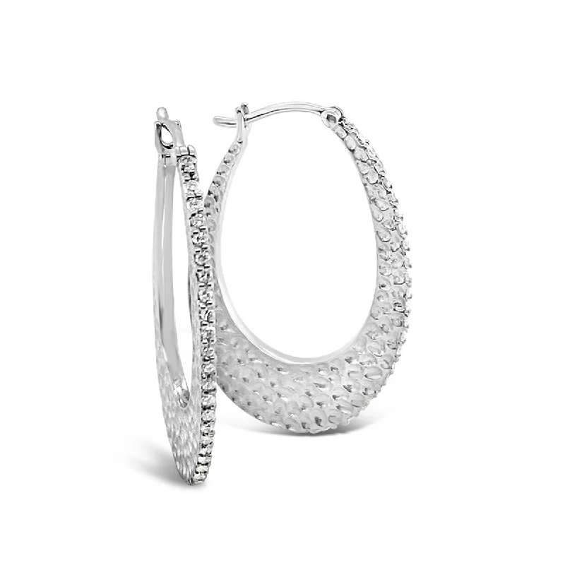 White Gold Diamond Textured Flat Oval Hoop Earrings