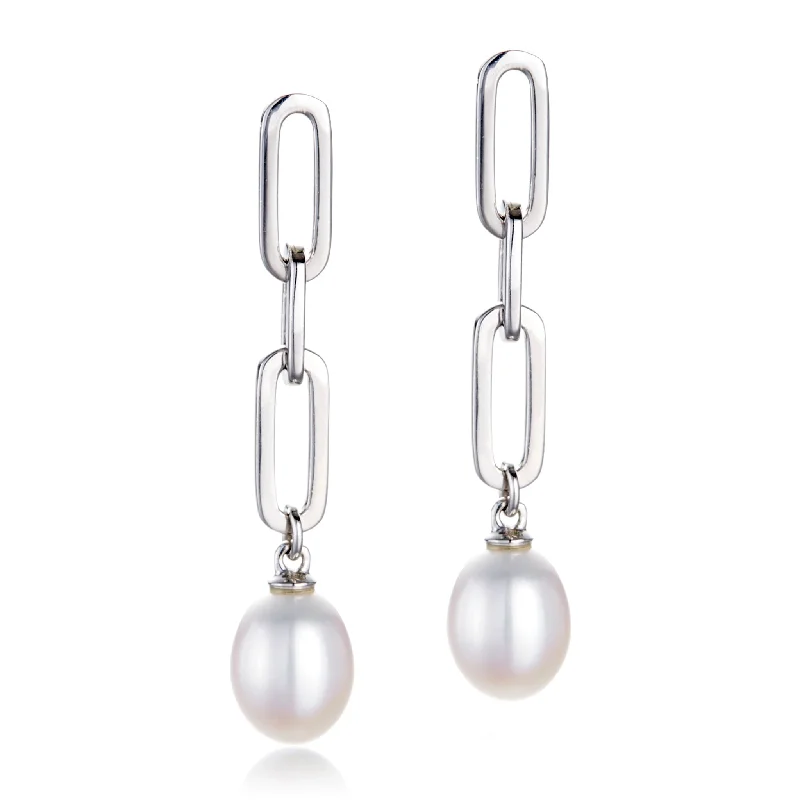 Pearl & Silver Link Drop Earrings