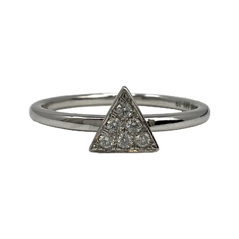 14K White Gold Ring with Triangular Shaped Pave Diamond Embellished Center Piece