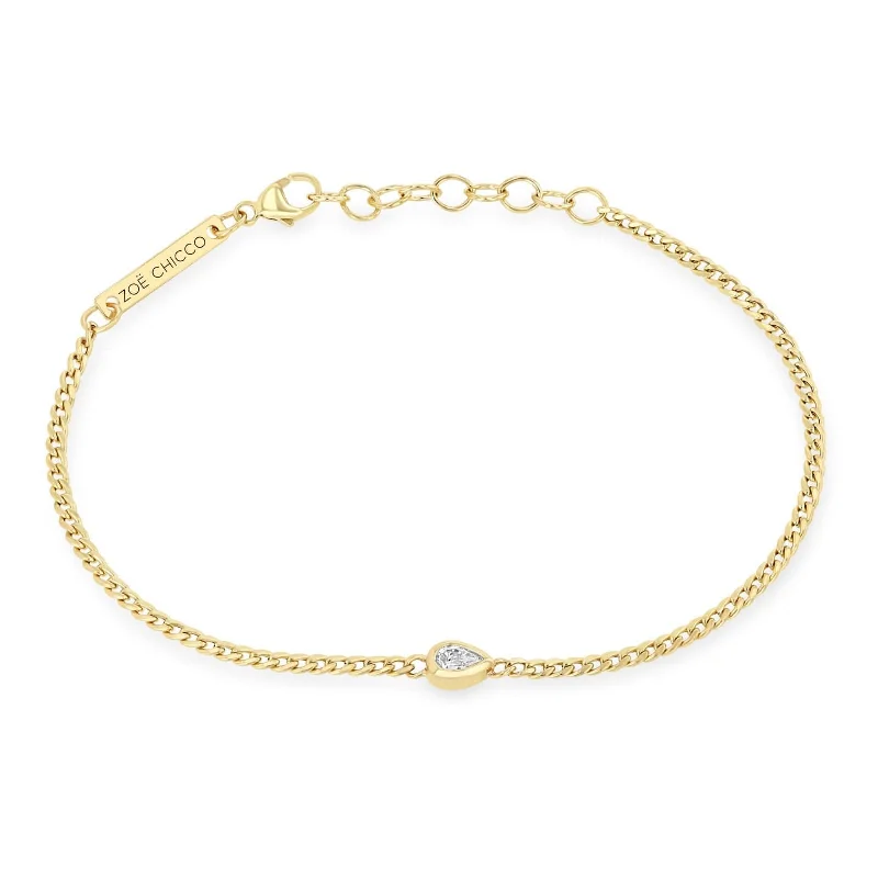 14K Yellow Gold X Small Curb Chain Pear Diamond Bracelet