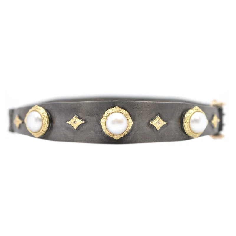 Armenta 18K Yellow Gold and Blackened Sterling Silver Pearl and Diamond Bracelet