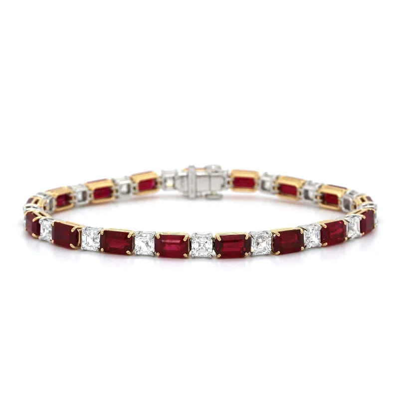 18K Yellow Gold Emerald Cut Ruby and Asscher Cut Diamond Tennis Bracelet