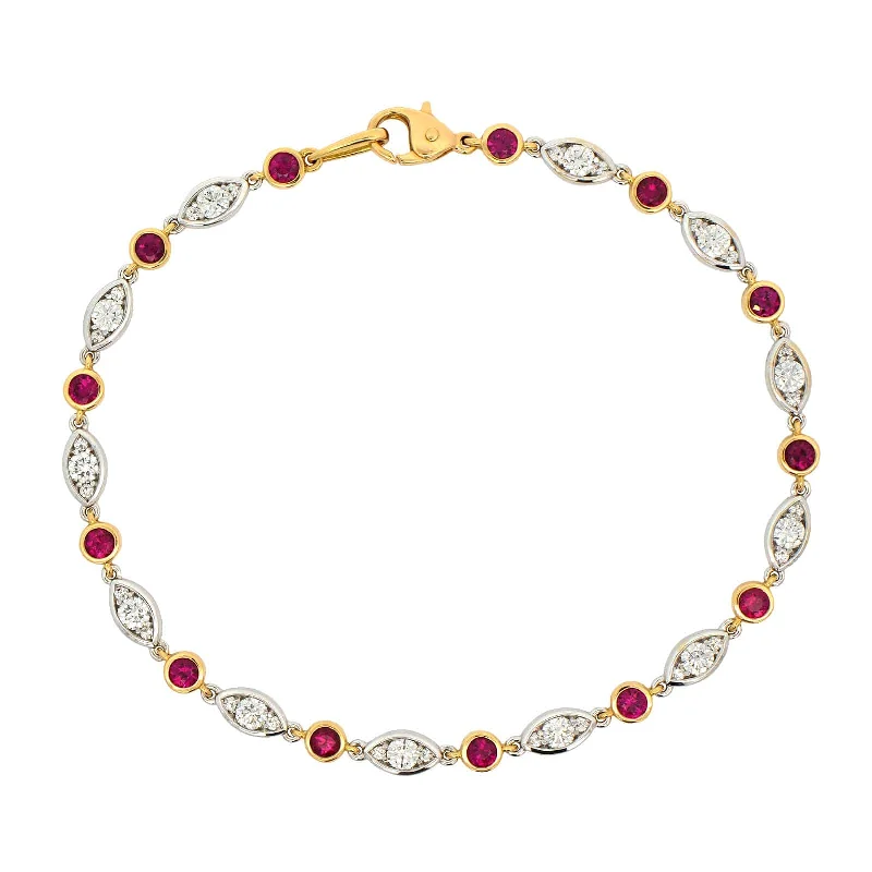 18K Yellow and White Gold Bezel Set Alternating Ruby and Diamond Bracelet