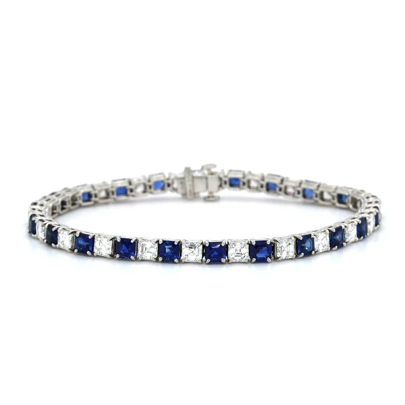 Platinum Asscher Cut Sapphire and Diamond Tennis Bracelet