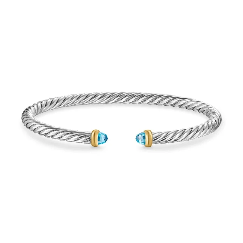 Cable Flex Bracelet in Sterling Silver with 14K Yellow Gold and Blue Topaz, 4mm