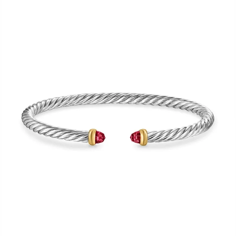 Cable Flex Bracelet in Sterling Silver with 14K Yellow Gold and Rhodolite Garnet, 4mm