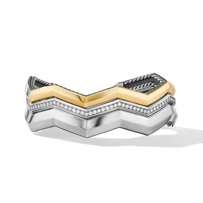 Zig Zag Stax™ Three Row Cuff Bracelet in Sterling Silver with 18K Yellow Gold and Diamonds, 17.4mm